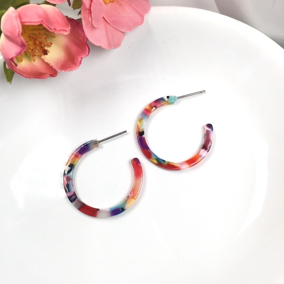 Colorful Mini Resin Hoop Earrings (Dark) - Picture 2 of 5